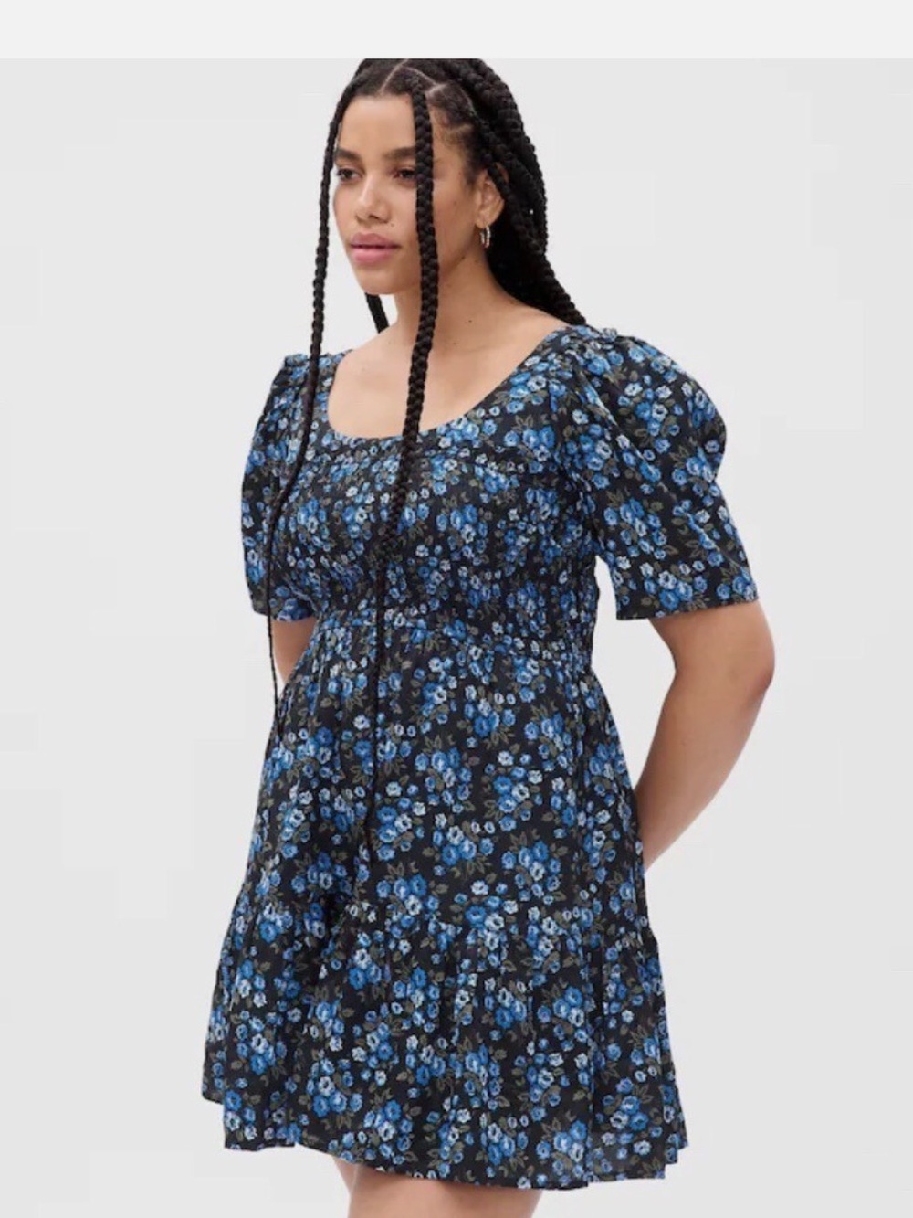 GAP NWOT Women's Puff Sleeve Smocked Mini Dress - Blue Ditsy Floral - Size LG
